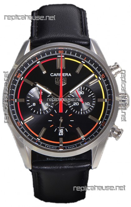Tag Heuer Carrera Chronograph 42 Swiss Quartz Replica Watch Black Dial Leather Strap