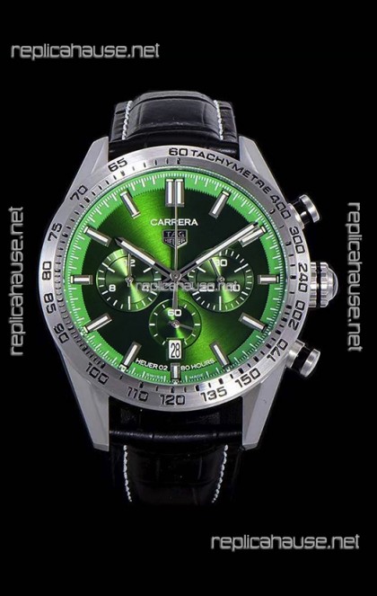 Tag Heuer Carrera Swiss Quartz Movement Replica Watch in Green Dial - Black Leather Strap