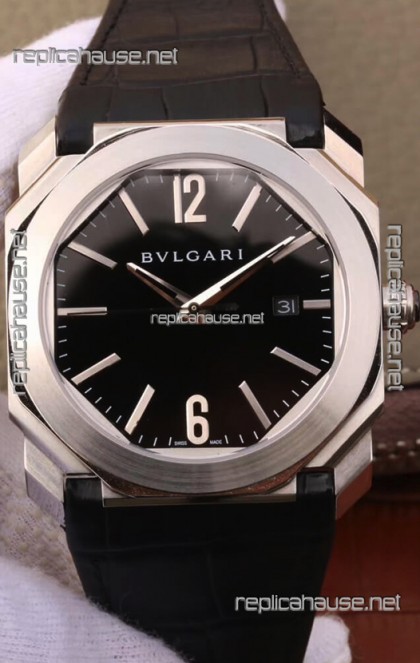 Bvlgari Octo Roma Edition 1:1 Mirror Replica in 904L Steel Casing - Black Dial Leather Strap