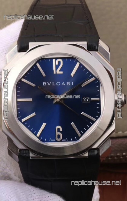 Bvlgari Octo Roma Edition 1:1 Mirror Replica in 904L Steel Casing - Deep Blue Dial Leather Strap