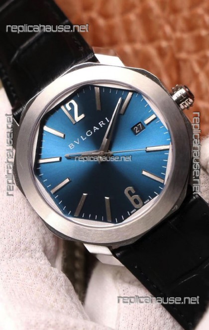 Bvlgari Octo Roma Edition 1:1 Mirror Replica in 904L Steel Casing - Steel Blue Dial Leather Strap