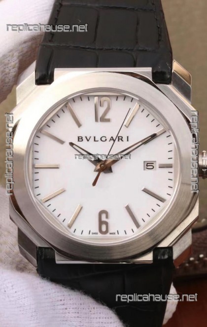 Bvlgari Octo Roma Edition 1:1 Mirror Replica in 904L Steel Casing - White Dial Leather Strap