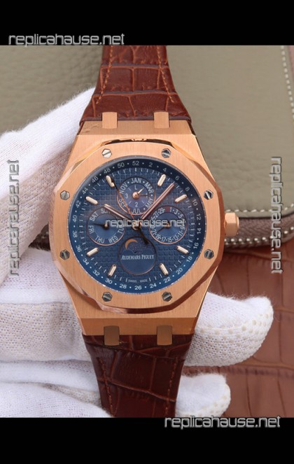 Audemars Piguet Royal Oak Perpetual Calendar Swiss Replica Rose Gold Casing Watch in Blue Dial