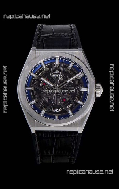 Zenith Defy Classic Skeleton 41 mm Titanium Men's Swiss Replica Watch - Black Leather Strap