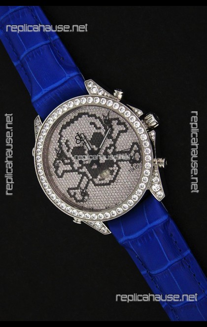 Five Time Zones J&C Skull Japanese Quartz in Full Diamonds