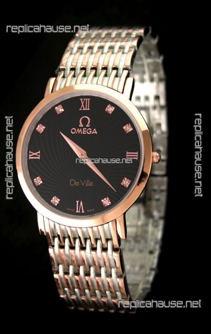 Omega DeVelie Japanese Replica Rose Gold Watch in Black Dial