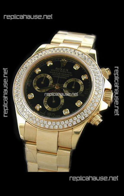 Rolex Daytona Swiss Replica Gold Watch in Full Diamond Bezel