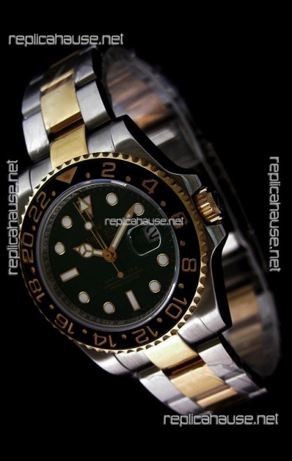 Rolex GMT Master II Swiss Replica Two Tone Gold Watch in Black Ceramic Bezel