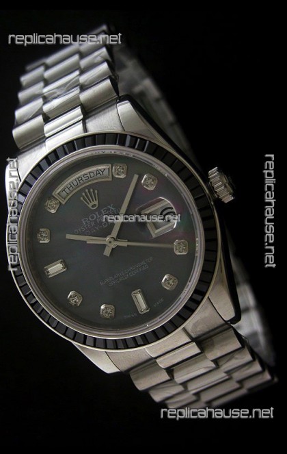 Rolex Day Date 2008 Japanese Replica Watch in Mop Black Dial