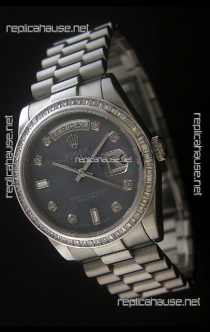 Rolex Day Date Just Japanese Replica Watch in Mop Black Dial