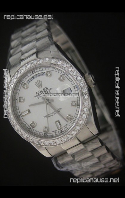 Rolex Day Date Just swiss Replica Watch in Full Diamond Bezel