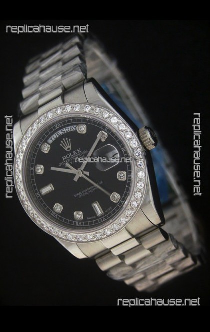 Rolex Day Date Just swiss Replica Black Watch in Full Diamond Bezel