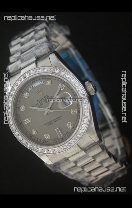 Rolex Day Date Just Japanese Replica Grey Watch in Full Diamond Bezel