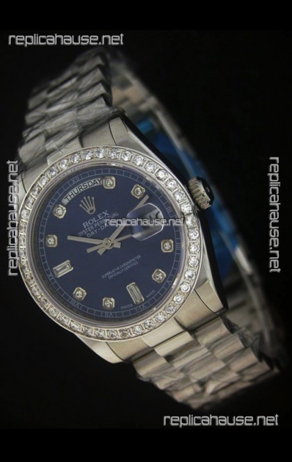 Rolex Day Date Just swiss Replica Blue Watch in Full Diamond Bezel