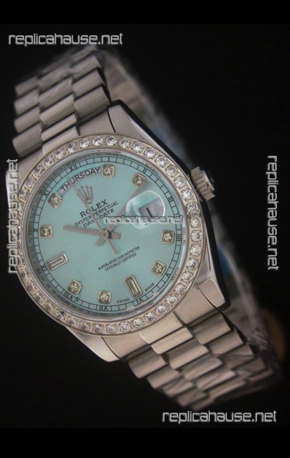 Rolex Day Date Just Japanese Replica Watch in Light Blue Dial