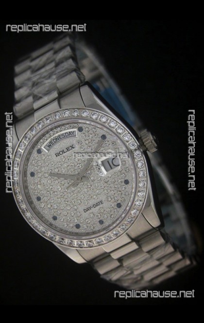 Rolex Day Date Just Japanese Replica Watch in Full Diamonds Dial 