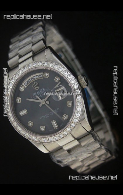 Rolex Day Date Just Japanese Replica Watch in Black Dial 