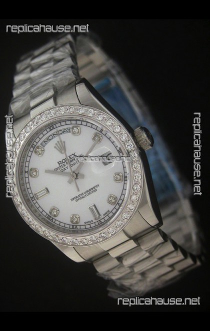 Rolex Day Date Just swiss Replica Watch in Pearl White Dial