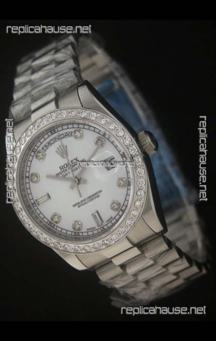 Rolex Day Date Just Japanese Replica Watch in Pearl White Dial