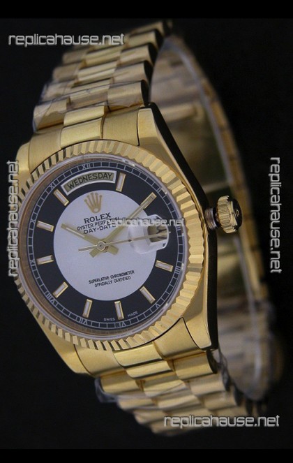 Rolex Day Date Just Japanese Replica Yellow Gold Watch in Black & White Dial