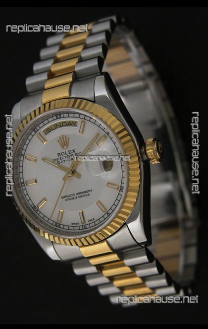 Rolex Day Date Just Japanese Replica Two Tone Gold Watch in White Dial