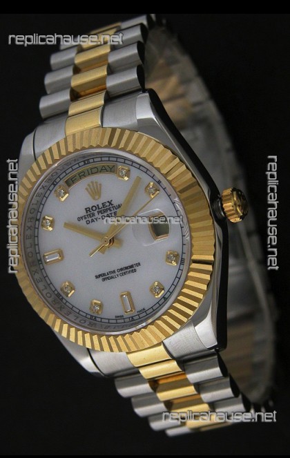 Rolex Day Date Just swiss Replica Two Tone Gold Watch in Mop White Dial