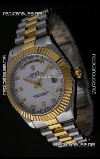 Rolex Day Date Just Japanese Replica Two Tone Gold Watch in White Dial