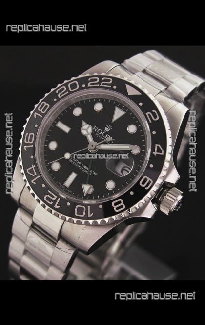 Rolex GMT Master II Swiss Replica Steel Watch in Black Dial