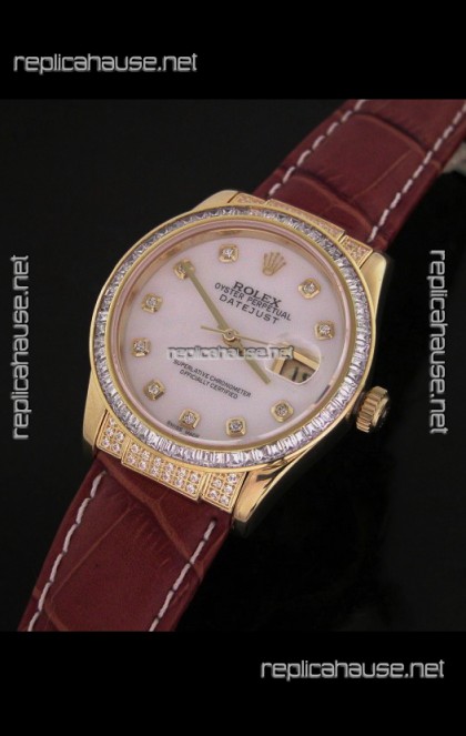 Rolex DateJust Swiss Mens Replica Yellow Gold Watch in White Mother of Pearl Dial