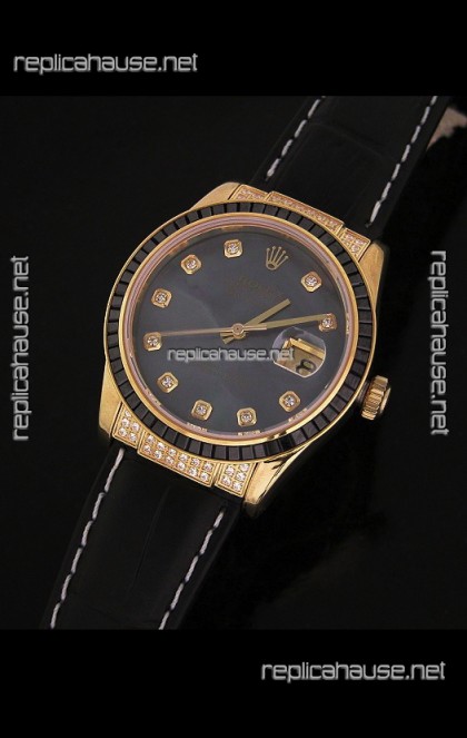 Rolex DateJust Swiss Mens Replica Yellow Gold Watch in Diamond Markers