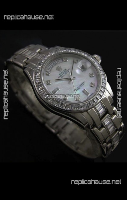 Rolex Oyster Perpetual Day Date Swiss Replica Watch in White Mother of Pearl Dial 