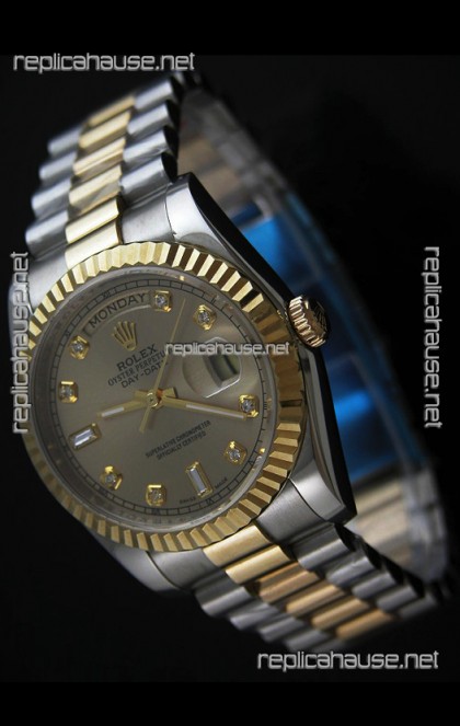 Rolex Day Date Just Japanese Replica Two Tone Gold Watch in Golden Dial