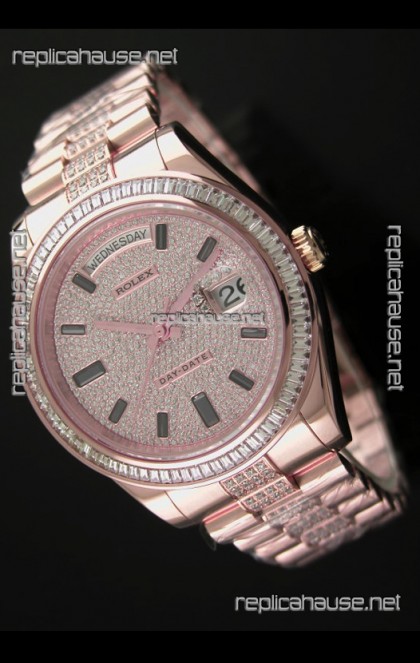 Rolex Day Date Japanese Automatic Rose Gold Watch in Diamond Bracelet