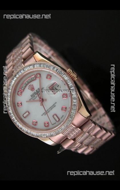 Rolex Oyster Perpetual Day Date Japanese Rose Gold Automatic Watch in White Mother of Pearl Dial