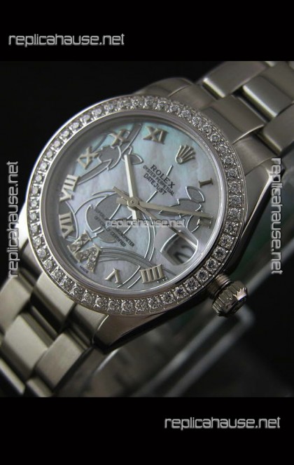 Rolex Oyster Perpetual Date Just Lady Swiss Diamond Watch in Pearl White Dial
