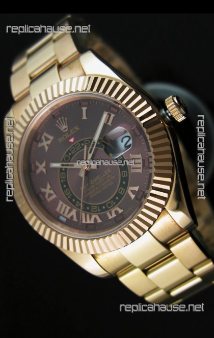 Rolex Sky-Dweller 18K Yellow Gold Watch in Brown Dial Roman Numerals