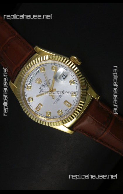 Rolex Day Date 36MM Yellow Gold Swiss Replica Watch - Silver Dial 