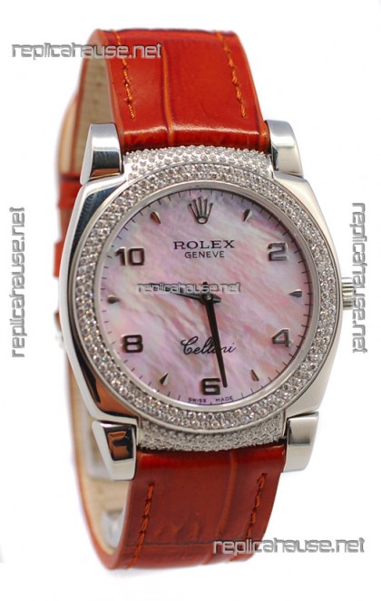 Rolex Cellini Cestello Ladies Swiss Watch Pink Pearl Face Diamonds Bezel and Lugs