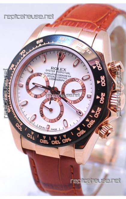 Rolex Daytona MonoBloc Cerachrom Bezel Swiss Replica Rose Gold Plated Watch in Brown Strap