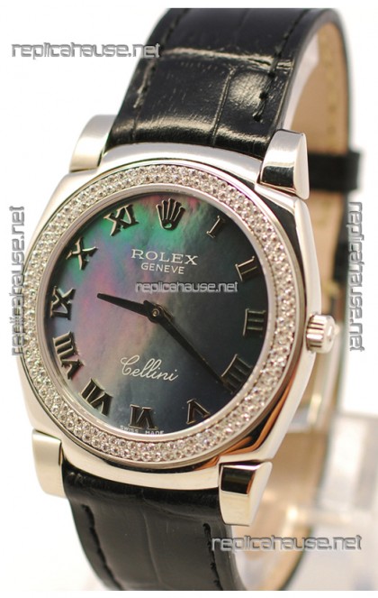 Rolex Cellini Cestello Ladies Swiss Watch in Black Pearl Face Roman Markers