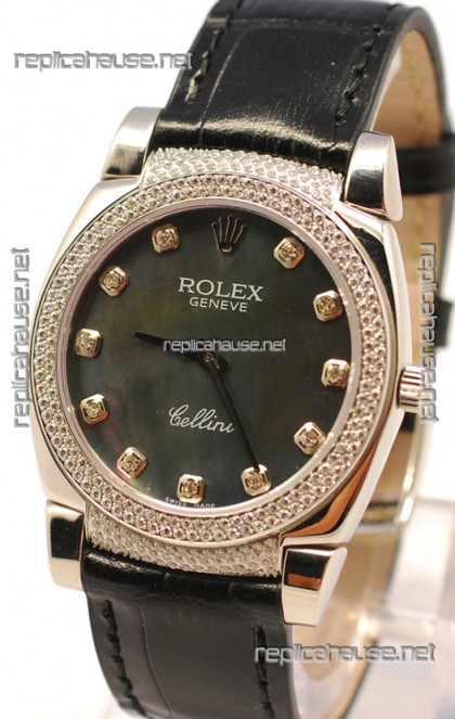 Rolex Cellini Cestello Ladies Swiss Watch in Black Pearl Face Diamonds Markers