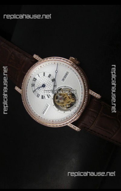 Breguet Classique Tourbillon Swiss Replica Watch in Rose Gold with Diamonds Bezel