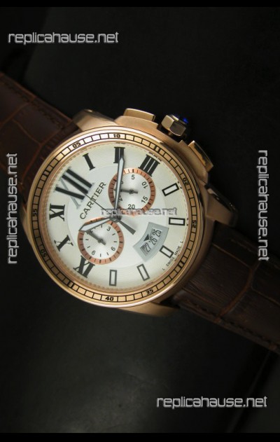 Calibre De Cartier Chronograph Japanese Replica Watch in Pink Gold