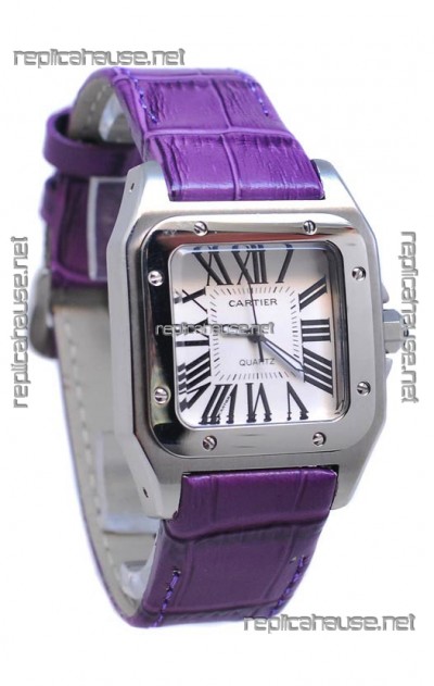 Cartier Santos 100 Japanese Ladies Replica Watch in Purple Strap
