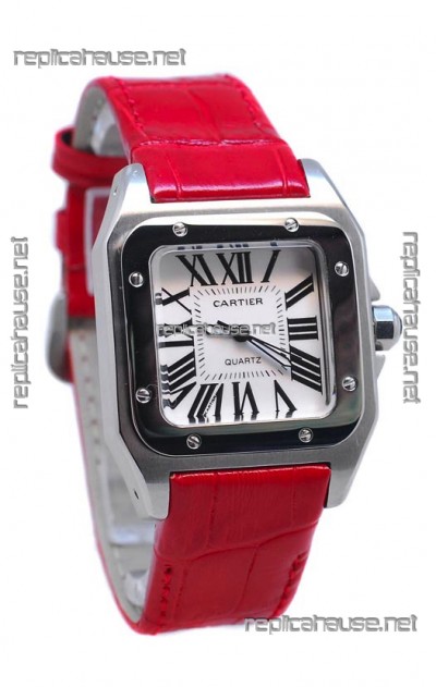Cartier Santos 100 Japanese Ladies Replica Watch in Red Strap