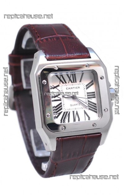 Cartier Santos 100 Japanese Ladies Replica Watch in Brown Strap