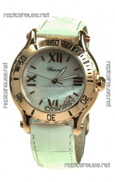 Chopard Happy Sport Diamonds Edition Replica Gold Watch in White Strap