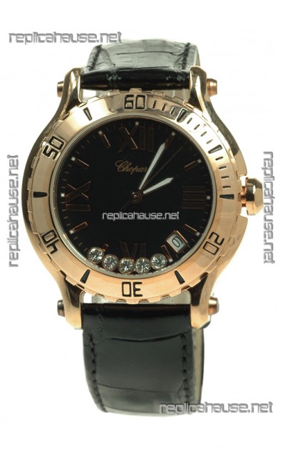 Chopard Happy Sport Diamonds Edition Replica Gold Watch in Black Strap
