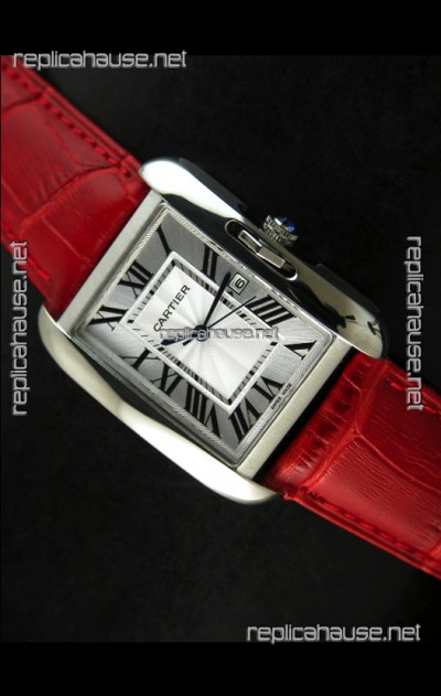 Cartier Tank Ladies Replica Watch in Steel Case/Red Strap