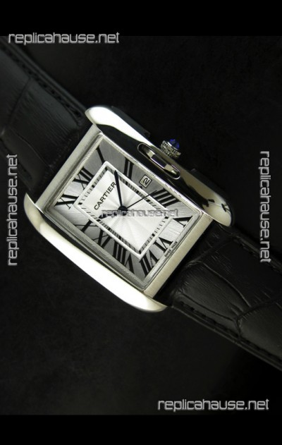 Cartier Tank Ladies Replica Watch in Steel Case/Black Strap